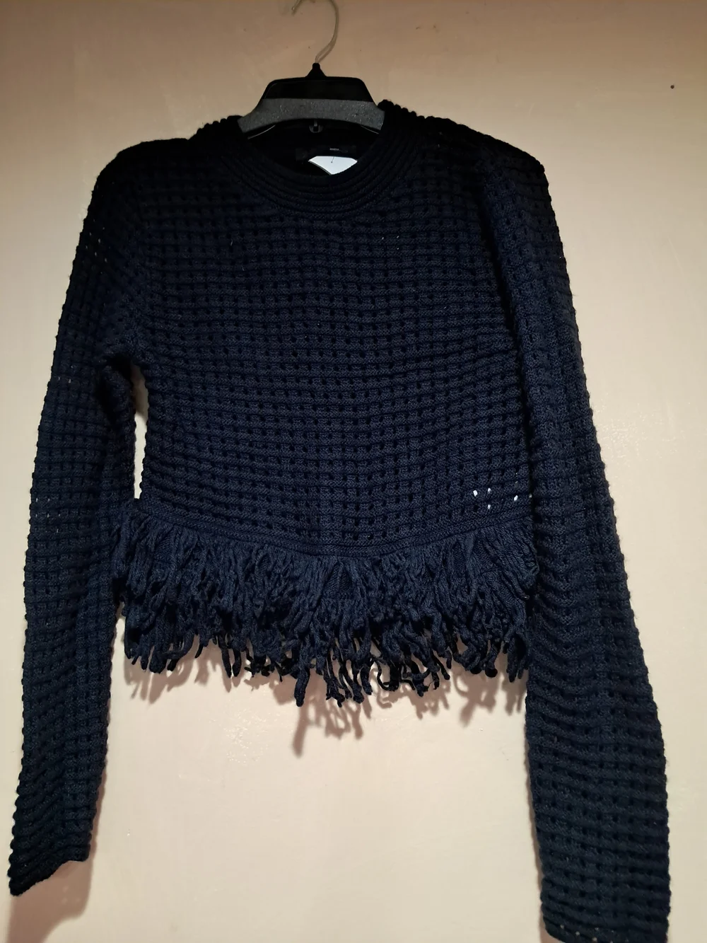 Zara Boho Chic Navy Blue Fringe Crop Textured Sweater Size M